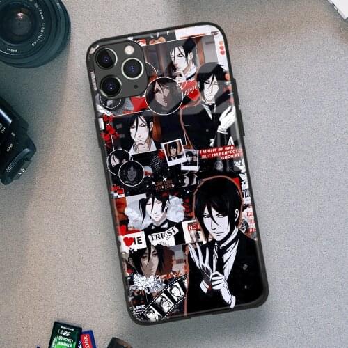 Black Butler Sebastian Michaelis Anime Soft TPU Glass Phone Case for IPhone SE 6s 7 8 Plus X Xr Xs 11 12 Mini Pro Max Samsung
