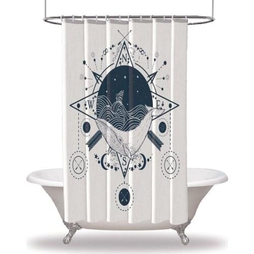 Artwork Printed Showers Curtain / Waterproof Button Hole Shower Drapes for Your Bathtub Bathroom Ship Storm Waves Whale Travel A