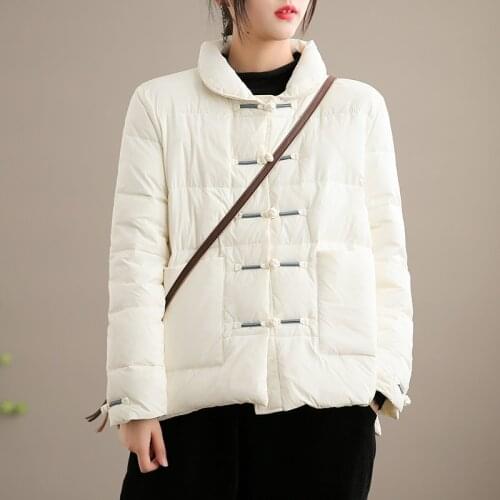 FMFSSOM Vintage Single Breasted Ultra Light Down Coat Winter Women Casual 90% White Duck Down Jacket Chinese Style Outwear