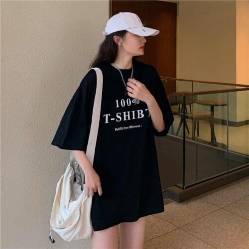 Summer college style letter round neck printing half-sleeved mid-length loose cotton T-shirt simple and versatile casual women