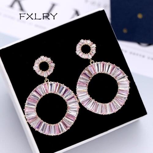 FXLRY Exaggerated Luxury Shiny Zircon Earrings Fashion Big Circle Cubic Zircon Drop Earrings For Women Jewelry