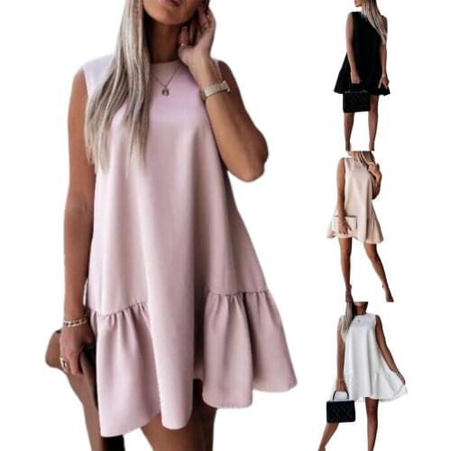 80% Hot Sales!!Summer Dress Solid Color Loose Mini Ladies Sleeveless Ruffle Dress for Work