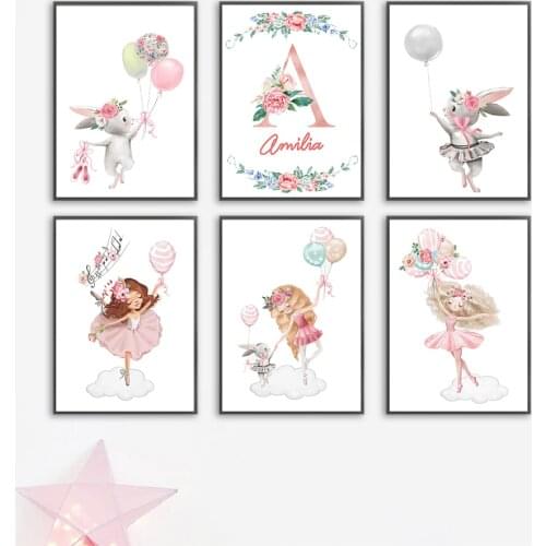 Ballet Girl Rabbit Balloon Flowers Letter A Wall Art Canvas Painting Nordic Posters And Prints Wall Pictures For Kids Room Decor