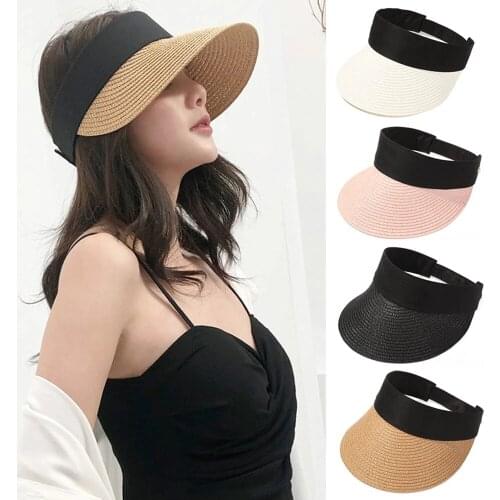 Summer Empty Top Suncap Portable Foldable Magic Tape Roll Up Beach Hat Wide Brim Women Sun Hat Fashion Casual Straw Cap Visors