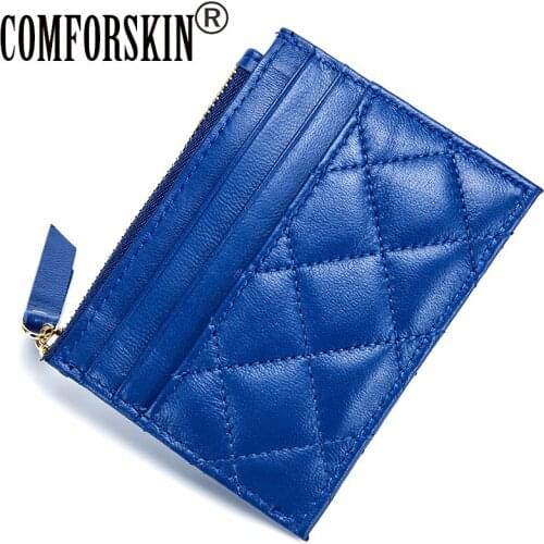COMFORSKIN Brand Guaranteed 100% Sheep Skin Plaid Style New Arrivals European And American Style Card Wallets 2020 Coin Purses