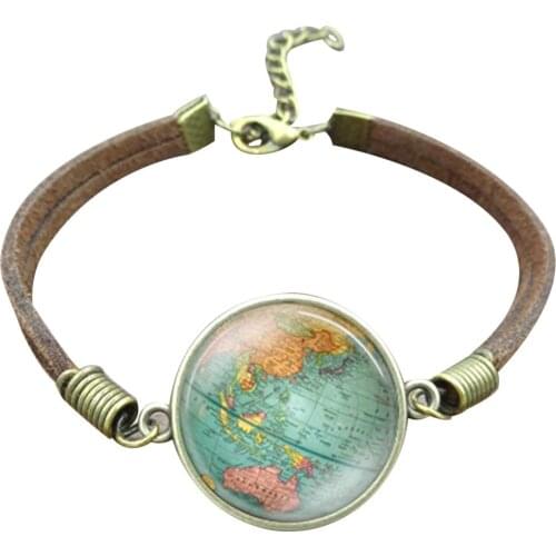 Jewelry Handmade Leather Bracelet for Women Men Earth Accessories World Map Time Gemstone Braided Bracelet Handmade 2021