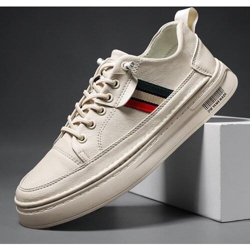Autumn 2021 Young Boy Casual Shoes White Leather Casual Sneakers Man High Quality Men Flats Footwear Fashion Lace Up Sneakers