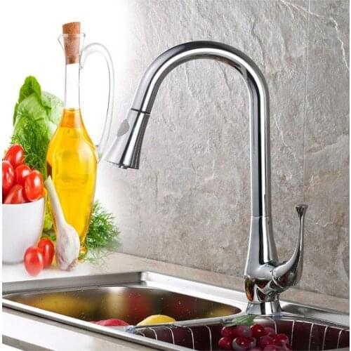 Brass pull out kitchen sink faucet, hot and cold water deck mounted