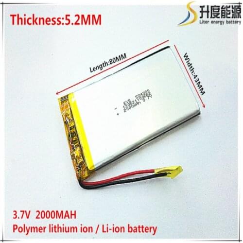 3.7V 2000mAh 524380 Lithium Polymer Li-Po li ion Rechargeable Battery cells For Mp3 MP4 MP5 GPS mobile bluetooth