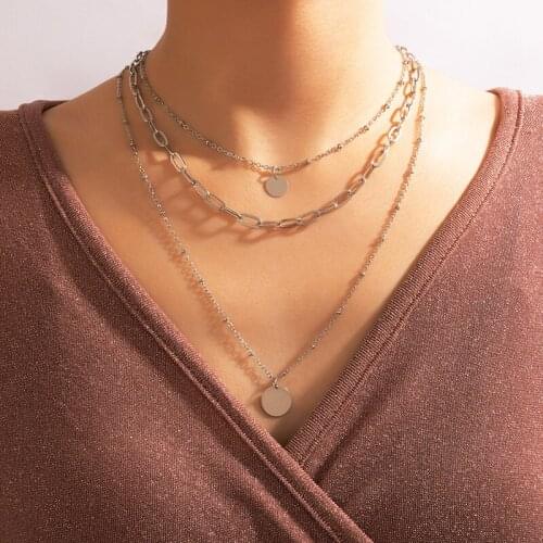 Docona Charm Geometry Multilayer Guba Chains Silver Color Round Beads Pendant Necklaces for Women Party Jewelry Collar 17341