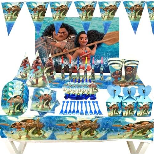 Moana Theme Birthday Party Decorations Supplies Baby Shower Paper Cups Banner Napkin Tablecloth Moana Disposable Tableware Sets