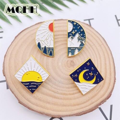 Cartoon Fun Outdoor Scenery Circle Enamel Pins Sunrise Night Sky Mountain Peak Star Alloy Brooch Badge Sweet Woman Jewelry Gift