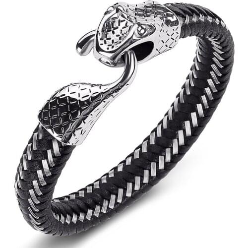 ZAER Mens Bracelet Punk Stainless Steel Snake Head Personality Bracelet Mens Leather Braided Bracelet Custom Size Jewelry