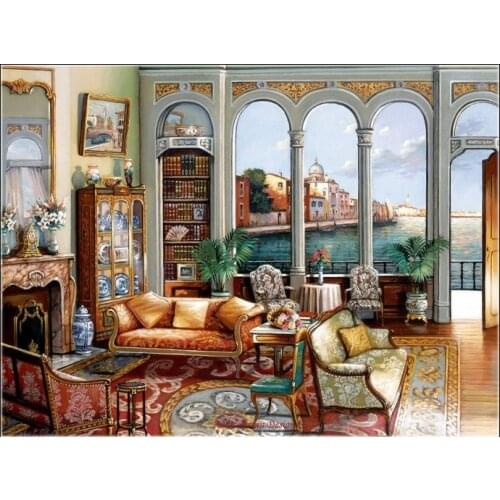 Canal Home - Counted Cross Stitch Kits - Handmade Needlework for Embroidery 14 ct Aida Cross Stitch Sets Color Oil painting