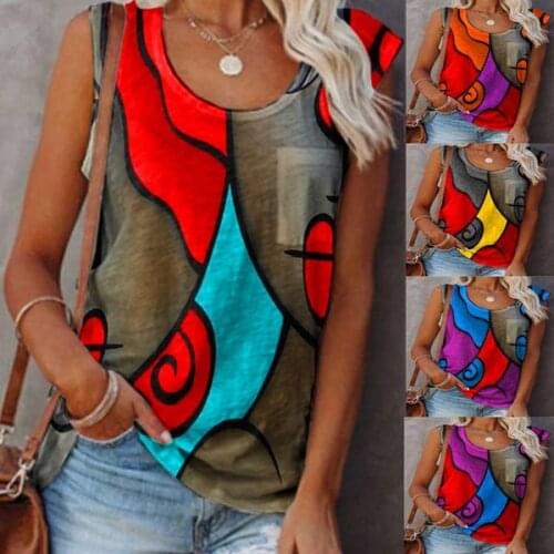 2021 New Women Sleeveless T-Shirt Summer O-Neck Stitching Printing Graphic Tee Shirts Female Fashion Plus Size Loose Tank Tops