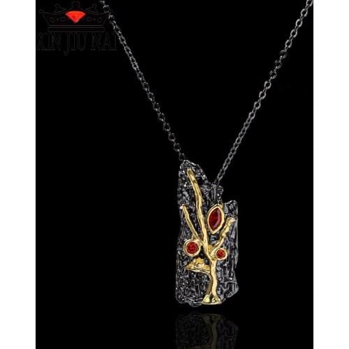 New bohemian creative pomegranate bark wild intertwined branches 14K black gold ruby clavicle necklace womens brand jewelry