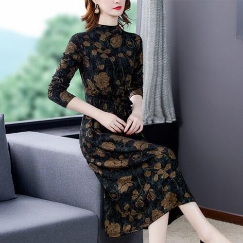 Autumn Winter Women Casual Floral Midi Dresses 2021 Vintage 4XL Plus Size Office Long Sleeve Dress Elegant Bodycon Party Vestido