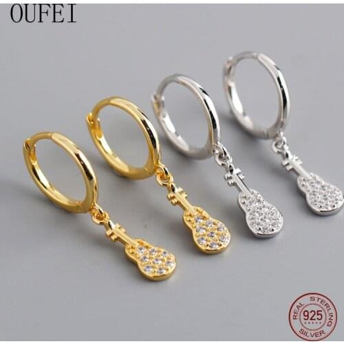 OUFEI 925 Sterling Silver Drop Earrings For Women Rhinestones Guitar Earrings Unique Fine Charm Earrings Literature And Art