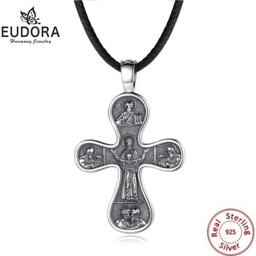 Eudora 925 Sterling Silver black Cross Necklace oxidized silver Orthodox Christianity Pendant Vintage Religious Jewelry FD02