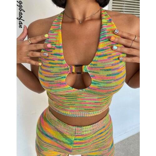 Ggbaofan Rainbow Sexy Halter Cut Out Crop Top and Shorts 2 Pieces Matching Set Club Fashion Outfits Loungewear Womens Set
