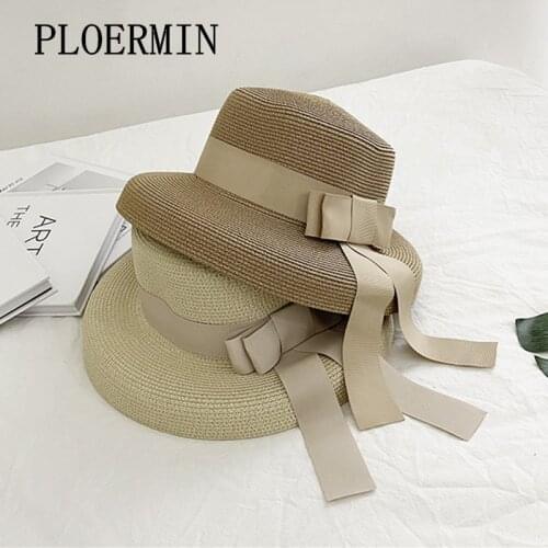 Temperament Summer Sun Hats Women Fashion Straw Hat Ribbon Bow Beach Hat Casual Vacation Flat Top Panama Hat Bone Feminino