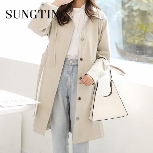 Sungtin Simple Sashes Loose Long Trenches Women Korean Fashion Pockets Windbreaker Casual Vintage Single Breasted Spring Outwear
