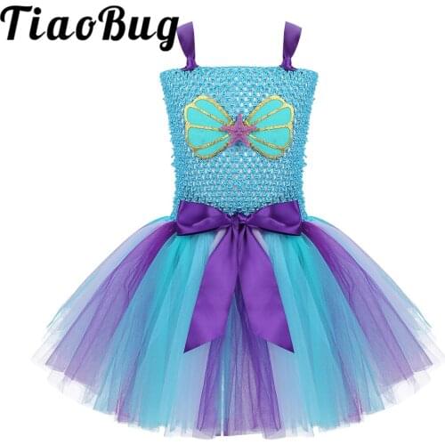 Flower Girl Tulle Tutu Dress Sleeveless Scallop Applique Starfish Decorated Mesh Tutu Dress for Halloween Birthday Party Dress