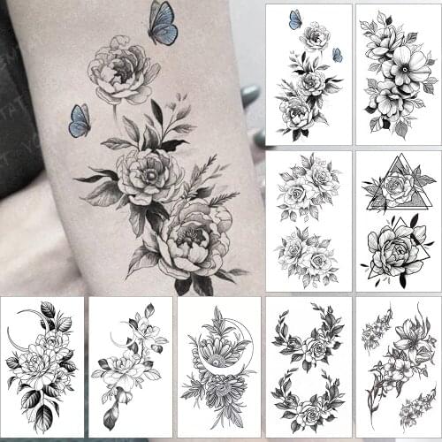 Waterproof Temporary Tattoo Sticker Realistic Wrist Peony Flower Blue Butterfly Flash Tatoo Fake Tatto For Body Art Women Men