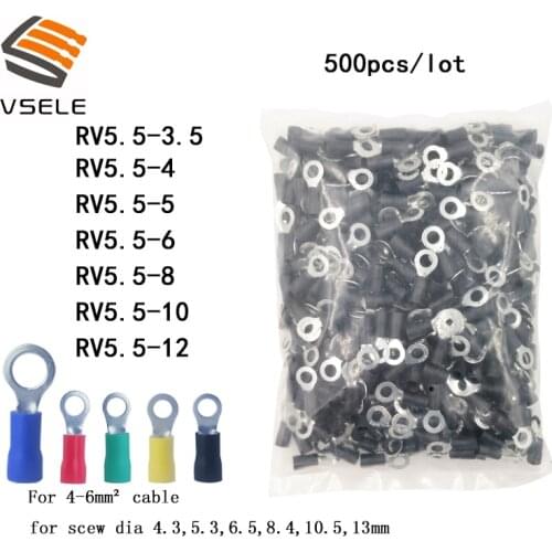 VSELE 500PCS/pack ring crimp insulation terminal RV5.5-3.5 RV5.5-4 RV5.5-5 RV5.5-6 RV5.5-8 10 12 for 4-6mm2 wire cable connector