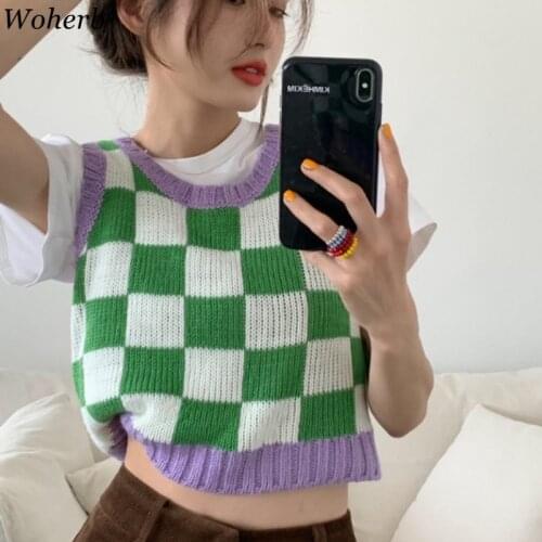 Woherb Short Sweater Vest Women O-neck Sleeve Knitted Waistcoat Korean Fashion Plaid Crop Tops 2021 Korean Knitwear Tank 7c695