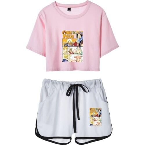 New Summer Harajuku Anime One Piece Luffy Prints Women Short Sleeve Crop Tops Shorts Cartoon T Shirt Graphic Tees Plus Size