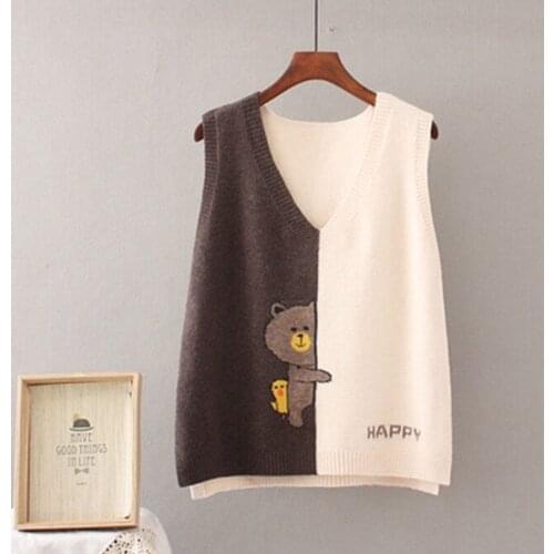 Fashion Autumn Spring Women Cartoon V-neck Sleeveless Sweater Vest Loose Knit Outcoat Leisure Student College Top Cloth for girl