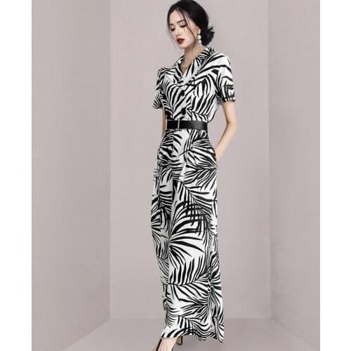 Women Short Sleeve Leaf Print Casual Work Wear Wide Leg Pants Bodysuit Women Playsuit Rompers Womens Jumpsuit Long Trousers