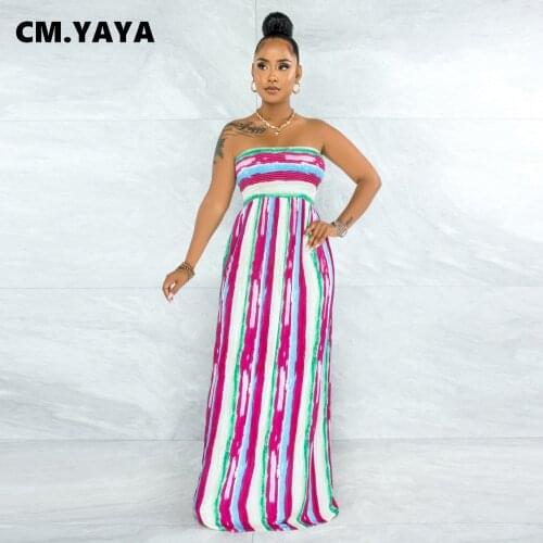 CM.YAYA Women Long Dress Print Sleeveless Strapless Back Hollow Out Stretchy Maxi A-line Dresses Fashoin Vestidos Summer Outfits