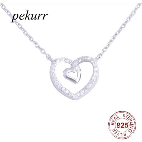 Pekurr 925 Sterling Silver Hollow Heart In Herat Necklaces For Women Silver Chain Collar Pendants Fashion Zircon Jewelry