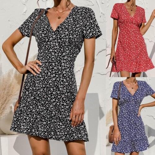 2021 New Summer Dress Women Boho Beach Dresses Casual Short Sleeve V Neck Floral Print Vintage Dress Female Elegant Robe Vestido
