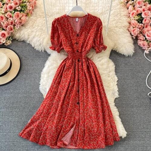 Vintage Women Single Breasted Printed Midi Dress Red/Blue/Green Puff Short Sleeve High Waist Vestidos Summer Female Robe 2021