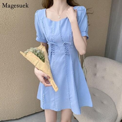 Korean Square Collar Elegant Summer Dress Women Vintage A Line Puff Sleeve Mini Dress Female Bandage Blue White Dresses 14890