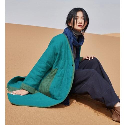 SCUWLINEN 2020 Winter Vintage Patchwork Jacket V-neck Thick Plate Button Chinese Style Loose Long Linen Cotton Padded Coat S1154