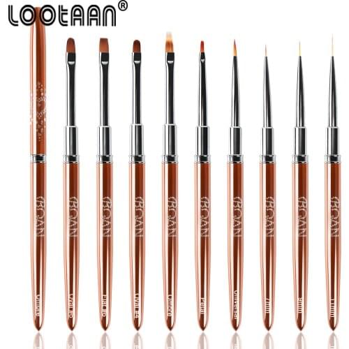 LOOTAAN 1Set Rose Gold Handle Nail Brushes Acrylic Nail Art Tool Pen Liner Brush Painting Pen Drawing Brush UV Gel Manicure Tool
