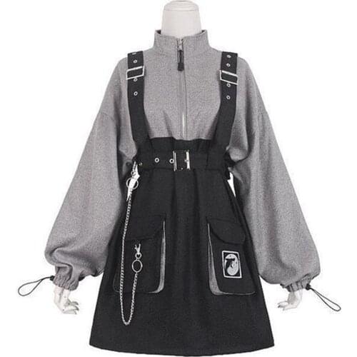 2021 Retro Vintage Women Gothic Girls Punk Mini Dress High Waist Long Sleeve Hat Collar Sexy Gry Black Lolita Plus Size Jurken