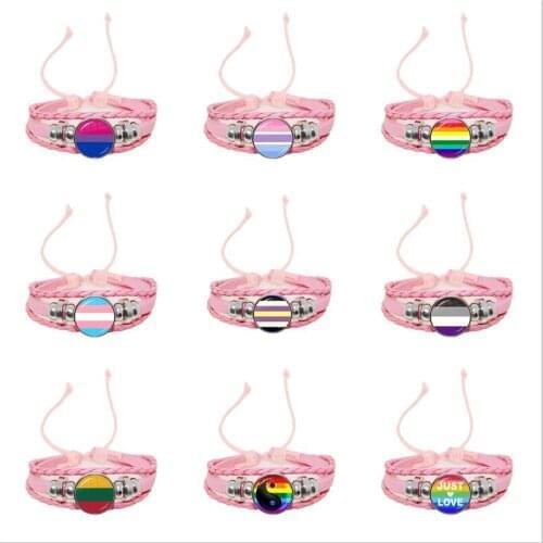 40 Style Gay Pride Glass Buckle Charm Bracelet Rainbow Flag Gay Jewelry Handmade DIY Beaded Weave Pink Leather LGBT Bracelet