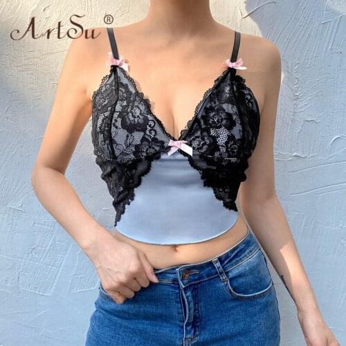 ArtSu Spaghetti Straps Patchwork Black Lace Y2K Crop Top Women Punk Style Girls Streetwear V Neck Sexy Cami Tops Blue Camisole