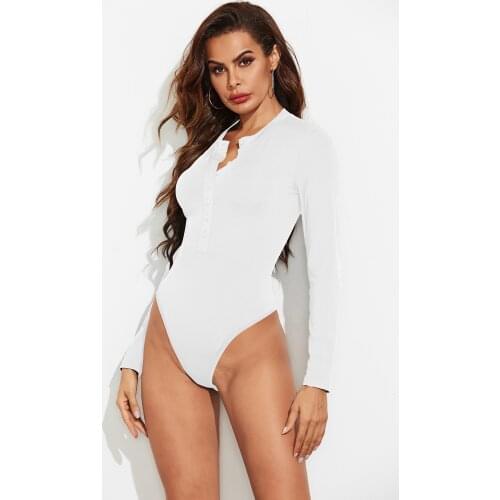 Bodysuit Long Sleeve O Neck Casual Solid Basic Woman Body Fall Winter Button Sheer Bodysuits Slim Black White Tops