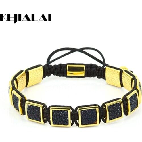 Famous Brand Men Bracelets Genuine Stingray Leather Square Beads Braided Macrame Bracelet Gold Color Luxury Style for Men Gift