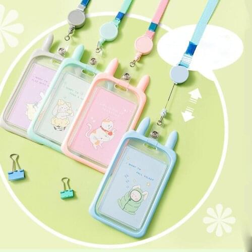 Student Bus Card Cover Case with Lanyard Adjustable Retractable Cartoon Rabbit Ear Work Credit Card Holder Holder Bags Wallet