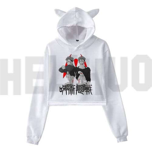 Hip Hop Japan Jujutsu Kaisen Hoodies Women Cat Crop Top Female Anime Cat Ear Sweatshirt Women Trend Oversized Streetwear 2021
