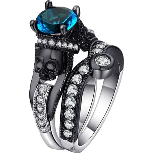 Ufooro Skull Ring Set For Women Men Punk Style Fashion Jewelry Charm Black Round Cubic Zirconia evil Skeleton Ring Set