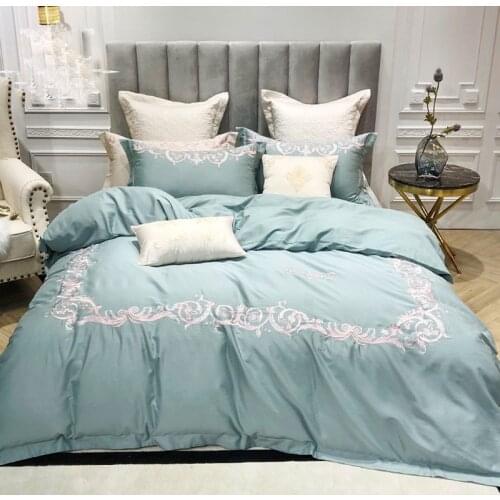 New Blue Luxury Solid 100S Egyptian cotton Embroidery Bedding sets Queen King Royal Duvet cover Bed sheet set Pillowcases 4pcs