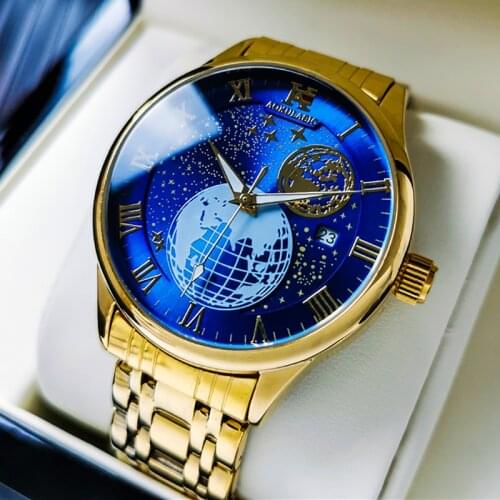 AOKULASIC Mens Automatic Mechanical Watch Fashion Business Trend Moon Phase Stars Watches For Men Gold Steel Relogio Masculino